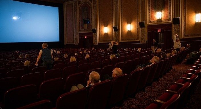 Teatersal med publikum, der forlader deres pladser i pausen