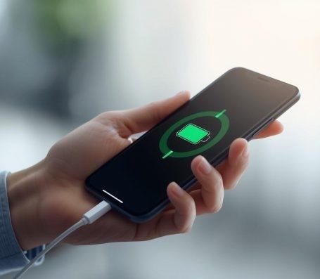 Hånd holder en smartphone med grønt batterisymbol under opladning